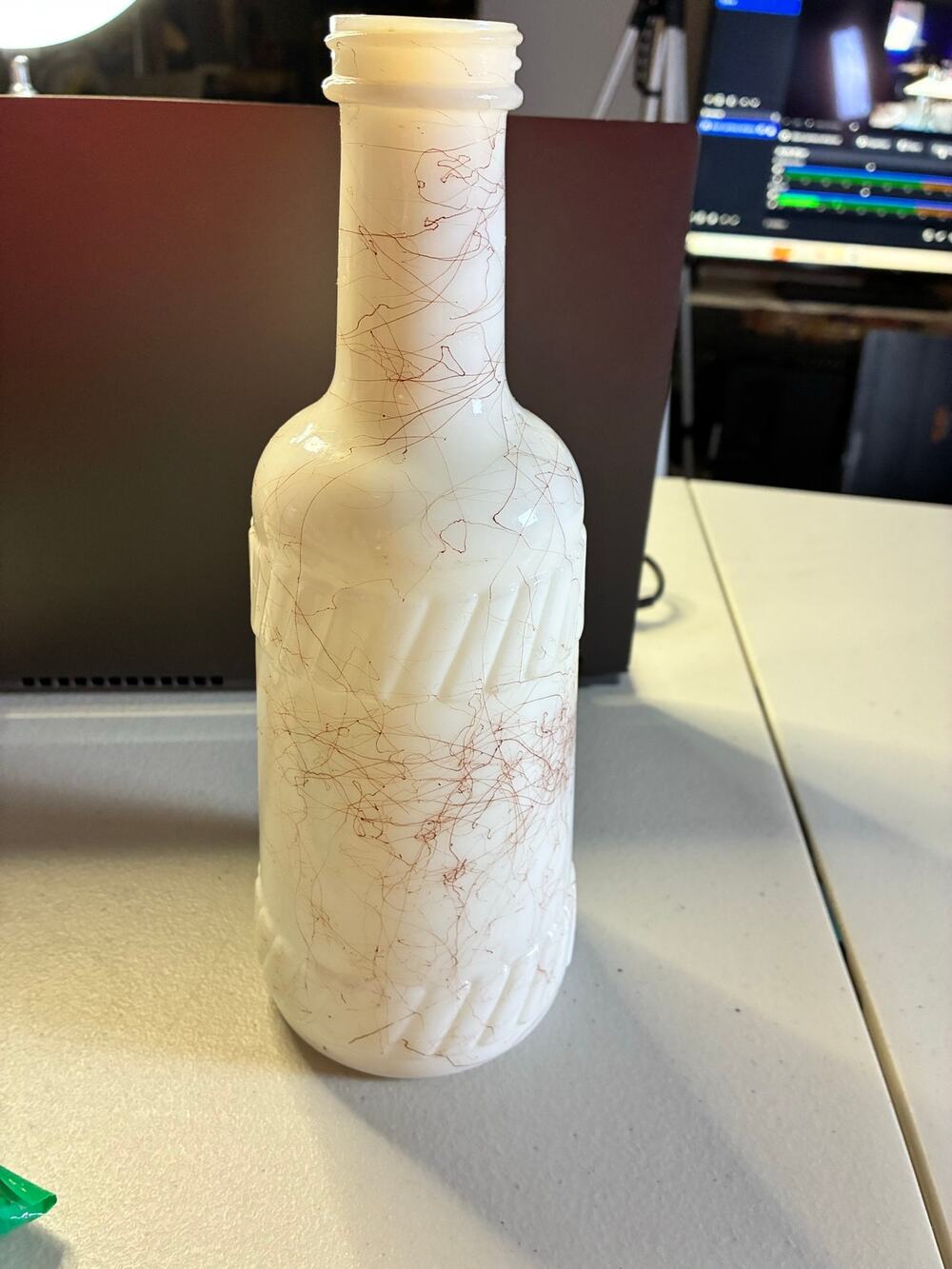 Vintage White Milk Glass Bottle Vase Red Spatter Thread Shell Design 10"